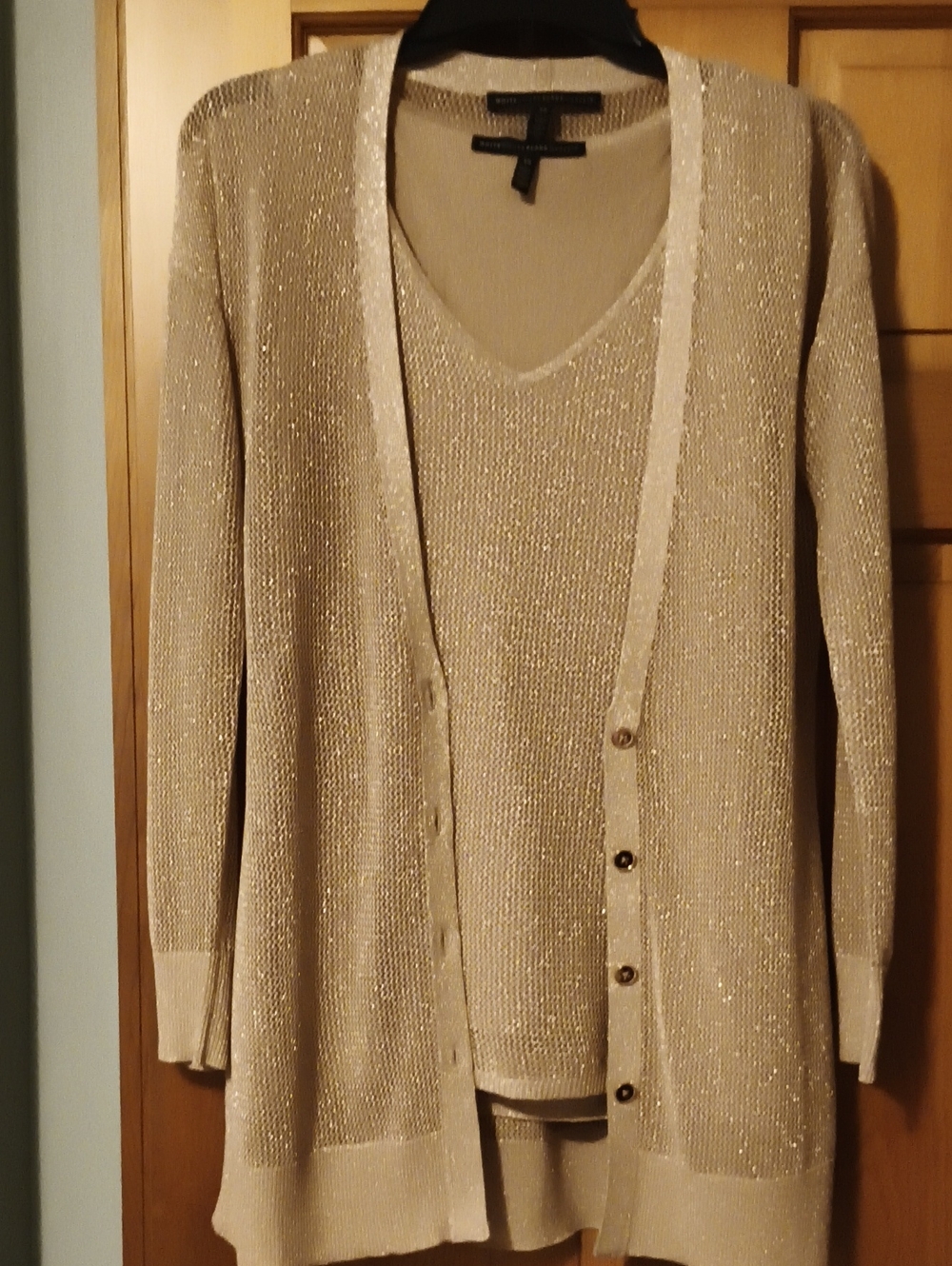 White House Black Market Beige Metallic V-Neck Sweater & Cardigan Set